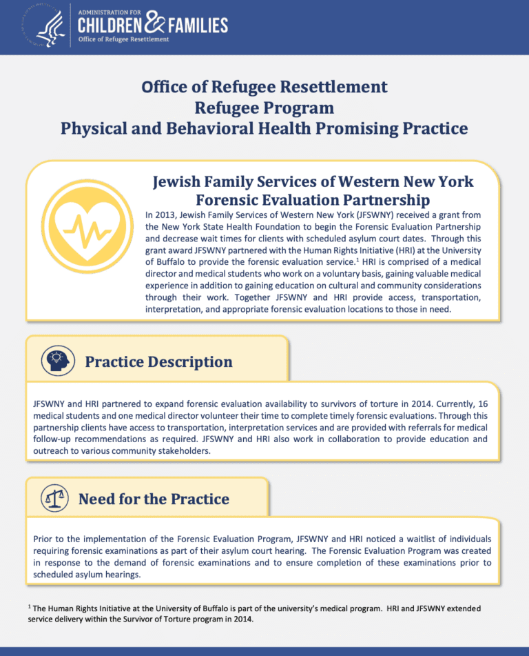 Office of Refugee Resettlement Refugee Program Physical and Behavioral Health – Forensic Evaluation Partnership